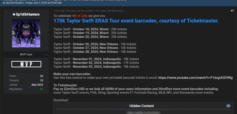 Barcode tiket Taylor Swift disebarkan